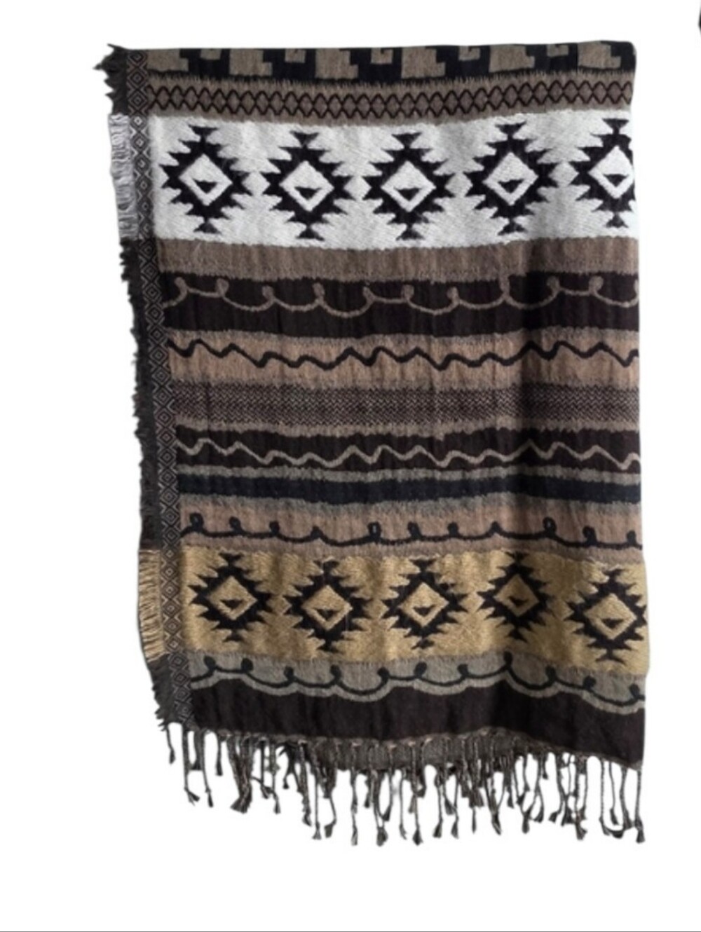 Ahujasons Brown Beige Tribal Print Fringe Scarf Shawl Wrap 27x75"
